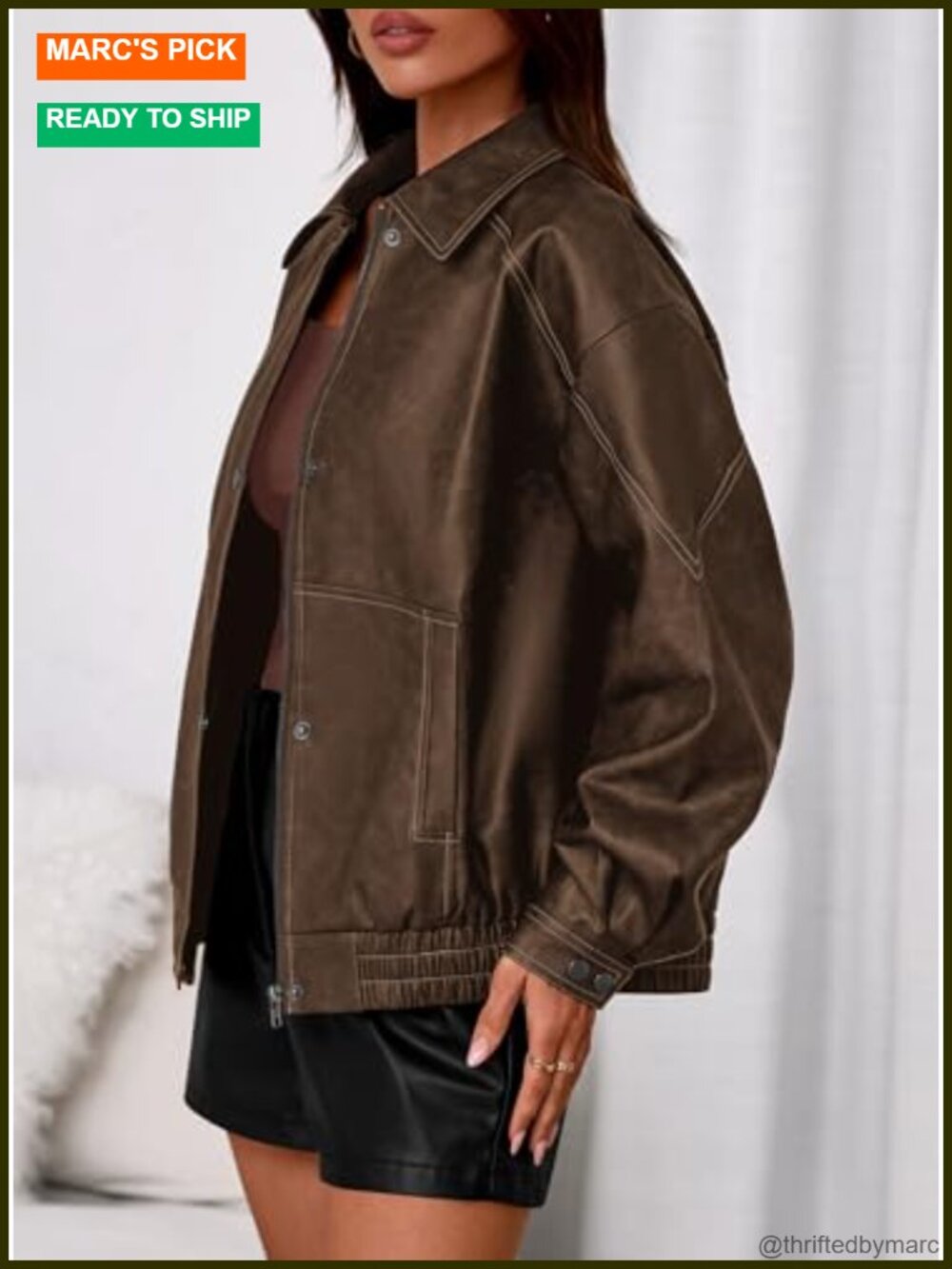 Faux Leather Motorcycle Bomber Jacket Women Oversized Zip Up Winter Coat - Picture 2 of 6